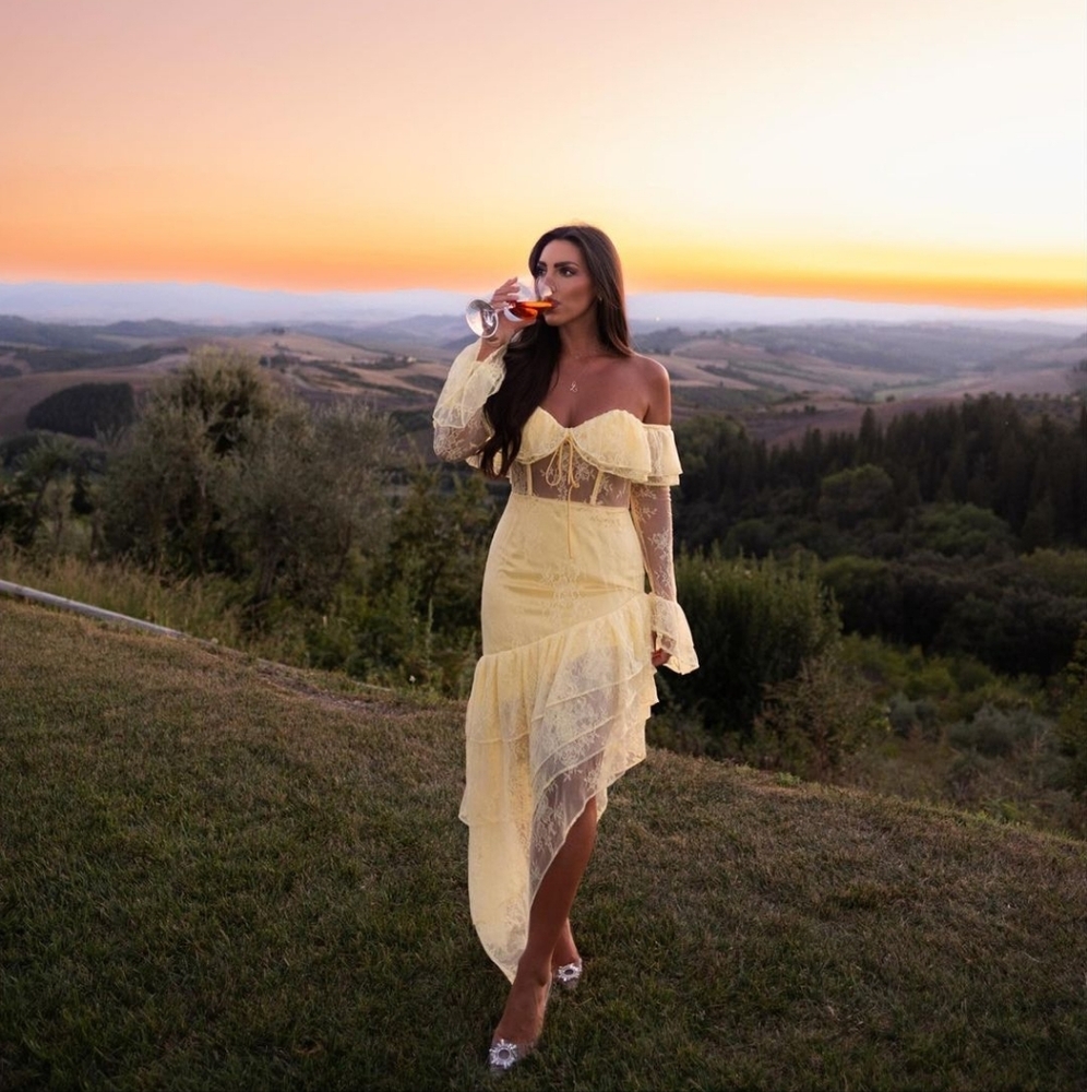 Revolve Majorelle yellow lace Tiered Ruffled off the shoulder hi lo maxi dress - Picture 4 of 8